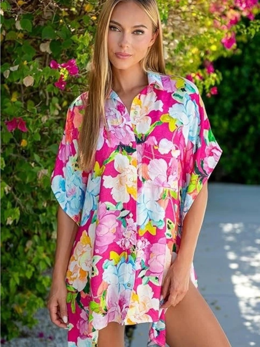 Sunshine 79 Resort Shirt Swimsuit Cover Up Size S/M Bright Pink floral $113 NWT